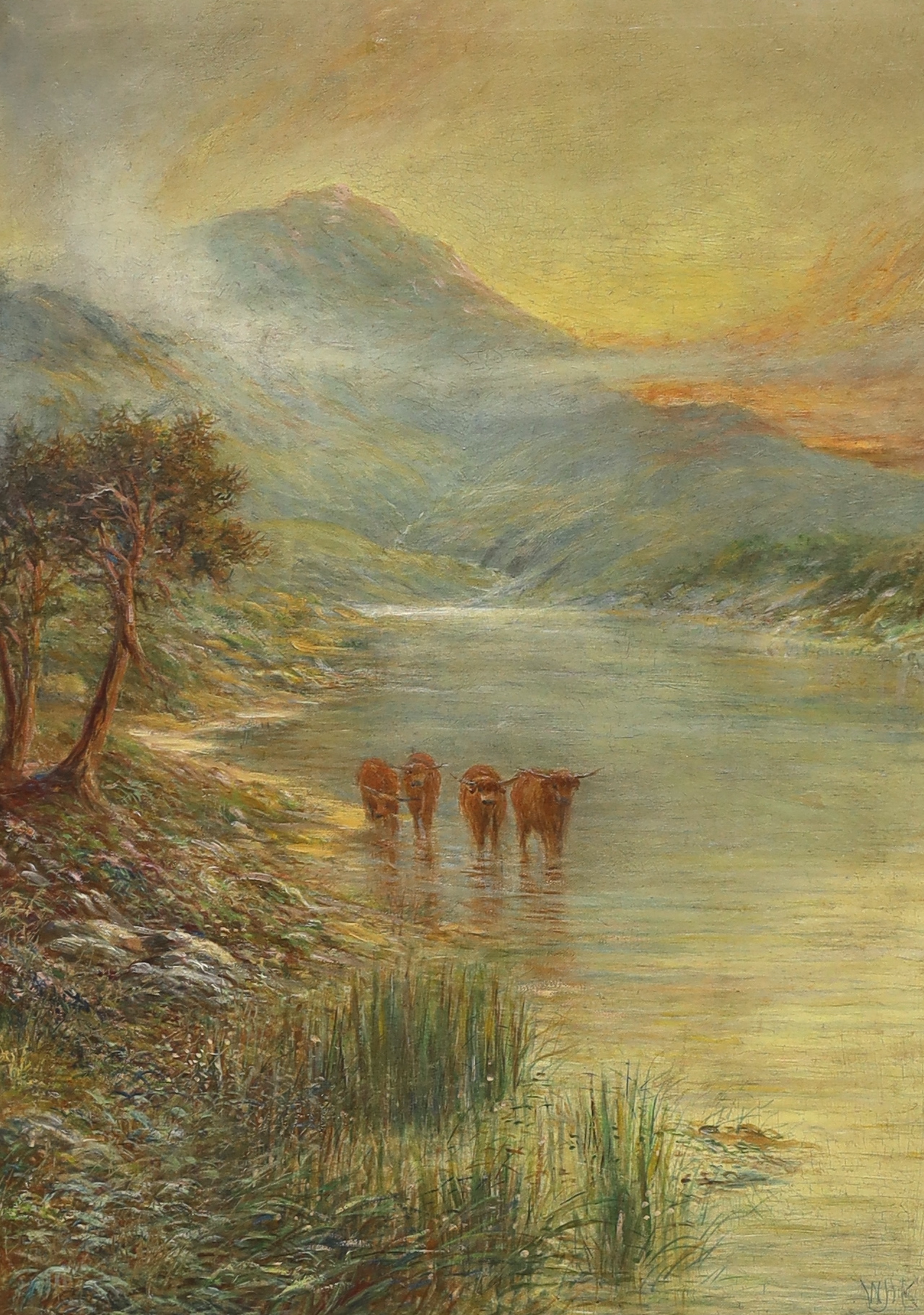 W.J.H., Scottish, oil on canvas, Mountainous landscape with highland cattle, signed with monogram, 75 x 54cm
